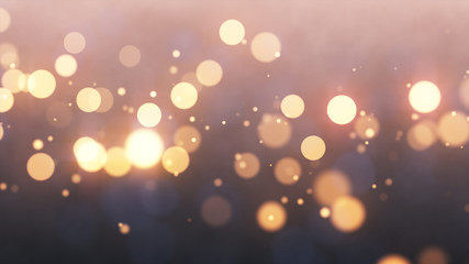 Bright gold bokeh lights abstract background. Flying golden particles or dust. Vivid lightning. Merry christmas design. Blurred light dots. Can use as cover, banner, postcard, flyer. - obrazy, fototapety, plakaty