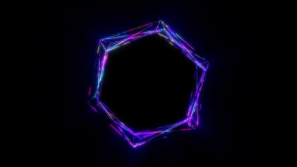 Neon circle. Round frame background. Multiple lines swirls. Blue and violet color. Glowing ring. Isolated on black.