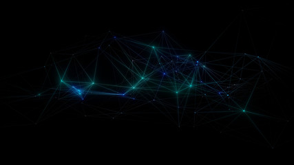 Abstract cg polygonal grid blue neon triangles. Geometric light motion background. Lowpoly wireframe