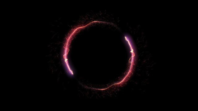 Neon circle. Round frame background. Multiple sparkle swirls. Red color. Glowing ring. Isolated on black.