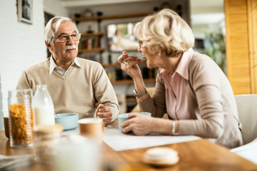 Senior couple communicating while having a breakfast at dining table.
