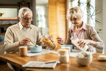 Senior couple having a breakfast together at home.