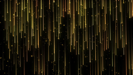 Falling bright particles. Particle rain. Flying lights. Shimmering glitters. Festive motion Gold background. Black isolated.