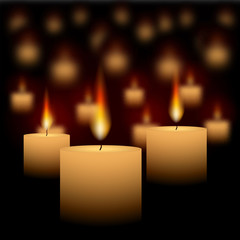 Candles glowing in dark abstract realistic vector background for web and print, with warm lights and blurred backdrop
