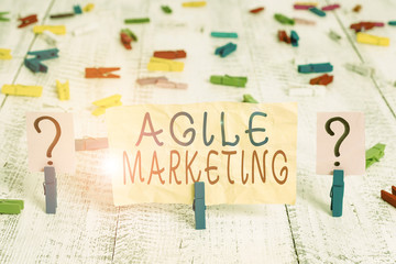 Conceptual hand writing showing Agile Marketing. Concept meaning focusing team efforts that deliver value to the endcustomer Crumbling sheet with paper clips placed on the wooden table