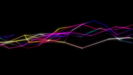 Abstract cg polygonal grid multicolor neon triangles. Geometric light motion background. Lowpoly wireframe