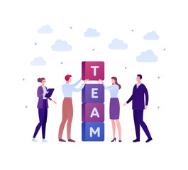 Business teamwork success concept. Vector flat person illustration. Group of male and female employee in suit building tower of block with team text. Design element for banner poster, background.