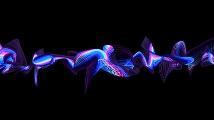 Bright wavy background. Glowing dots and lines. Neon light. Wave element for design. Smooth particle waves. Dynamic techno wallpaper. Blue and violet