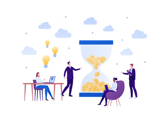 Business teamwork brainstorm concept. Vector flat person illustration. Group of working people with laptop, light bulb idea sign and hourglass of coin. Design element for banner poster, background.