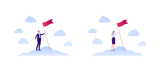 Business success and development concept. Vector flat person illustration set. Male and female people in suit holding red flag on mountain top. Design element for banner, poster, background. © tasty_cat