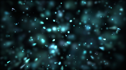 Bright blue bokeh lights abstract background. Flying particles or dust. Vivid lightning. Merry christmas design. Blurred light dots.