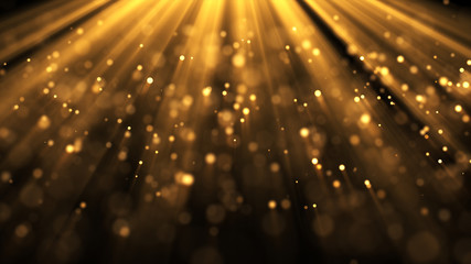 Bright gold bokeh lights abstract background. Flying golden particles or dust. Vivid lightning. Merry christmas design. Blurred light dots. Can use as cover, banner, postcard, flyer. © Bokehstore