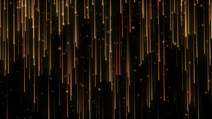 Falling bright particles. Particle rain. Flying lights. Shimmering glitters. Festive motion Gold background. Black isolated.