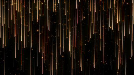 Obraz premium Falling bright particles. Particle rain. Flying lights. Shimmering glitters. Festive motion Gold background. Black isolated.