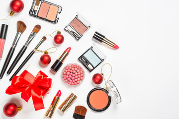 Makeup professional cosmetics on white.