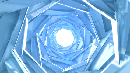 Geometric abstract background. Modern wallpaper. Blue crystal tunnel. White spotlight in center