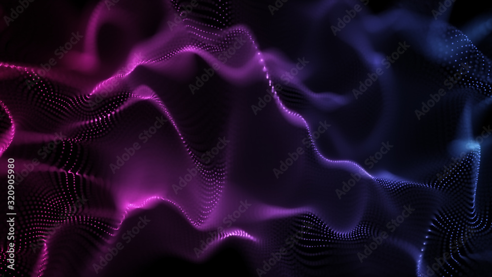 Wall mural bright wavy background. glowing dots and lines. neon light. wave element for design. smooth particle