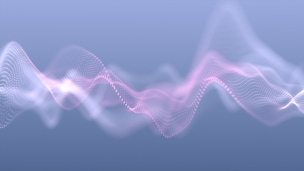 Bright wavy background. Glowing dots and lines. Neon light. Wave element for design. Smooth particle waves. Dynamic techno wallpaper. Blue and pink