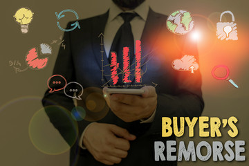 Text sign showing Buyer Remorse. Business photo showcasing a feeling of regret experienced after...
