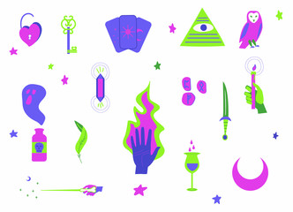 Vector set magic and witchcraft. Hand drawn, doodle magician collection with tarot, potion, crystal, knife, spells, rune stones,  Illustrations for stickers, embroidery, badges.