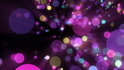 Bright violet bokeh lights abstract background. Flying purple particles or dust. Vivid lightning. Merry christmas design. Blurred light dots.