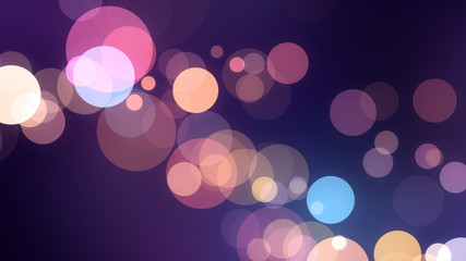 Bright violet bokeh lights abstract background. Flying purple particles or dust. Vivid lightning. Merry christmas design. Blurred light dots.