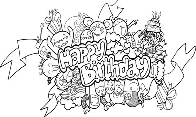 Happy Birthday Cute monster that is fun. Lines drawn with black and white hands