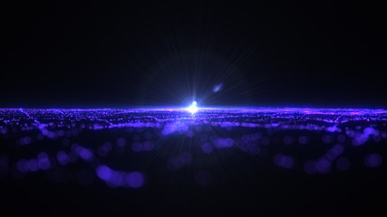 Bright wavy background. Glowing dots and lines. Neon light. Wave element for design. Smooth particle waves. Dynamic techno wallpaper. Blue and violet