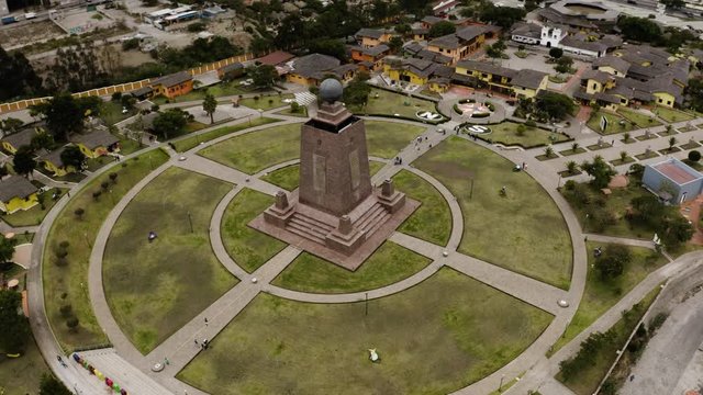 Aerial flies around Mitad del Mundo, close to the Equator Line in San Antonio, Ecuador.