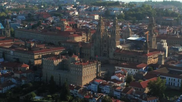 Beautiful high angle zoom out from the classical cathedral in Santiago de Compostela in Spain