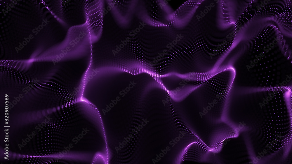 Poster bright wavy background. glowing dots and lines. neon light. wave element for design. smooth particle