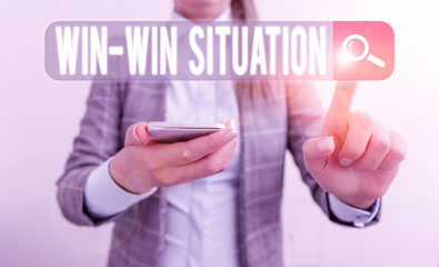 Text sign showing Win Win Situation. Business photo showcasing situation where all the parties benefit one way or another Business concept with mobile phone and business woman