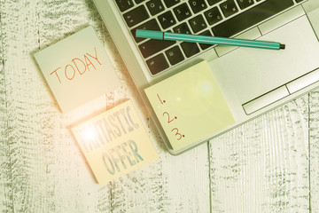 Writing note showing Fantastic Offer. Business concept for the seller accepts offers and is willing...
