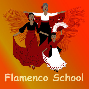 Young woman, elderly woman and child are dancing flamenco. Advertising of dance school for all ages.
