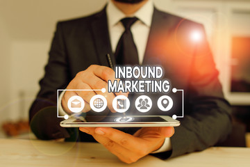 Conceptual hand writing showing Inbound Marketing. Concept meaning a strategy that focuses on...