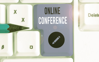 Text sign showing Online Conference. Business photo text online service by which you can hold live...