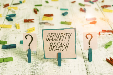 Text sign showing Security Breach. Business photo text any incident that results in unauthorized access of data Scribbled and crumbling sheet with paper clips placed on the wooden table