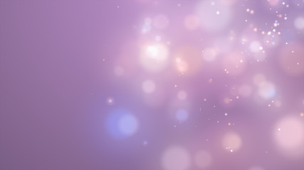 Bright violet bokeh lights abstract background. Flying purple particles or dust. Vivid lightning. Merry christmas design. Blurred light dots.