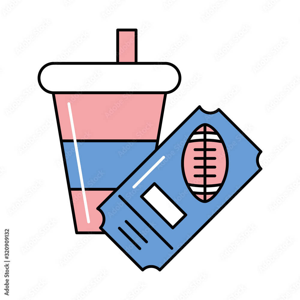 Poster beverage in plastic pot with american football ticket