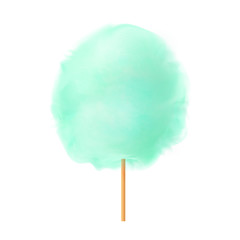 3d cotton candy. Realistic cotton candy on wooden stick isolated on white background. Summer tasty and sweet snack for children in parks and food festivals. Vector illustration