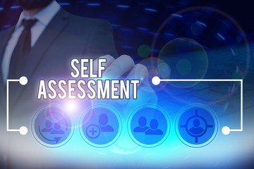 Text sign showing Self Assessment. Business photo text evaluation of oneself or one actions and...