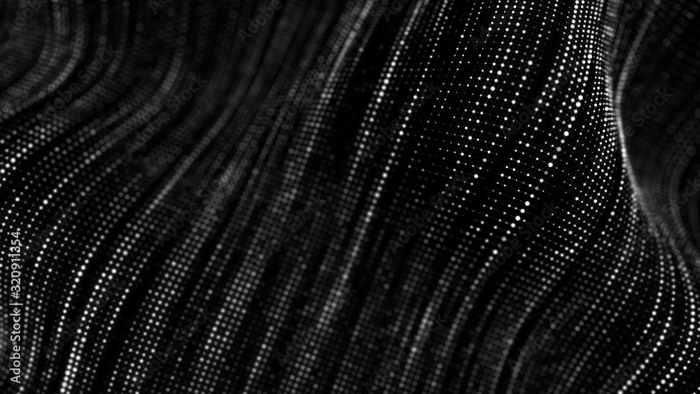 Aufkleber Wave of particles. Abstract background with a dynamic wave. Big data visualization. 3d rendering.