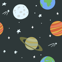 Naklejka premium Cute seamless pattern with space, planets and the Moon. Vector illustration for fabric, textile, nursery wallpaper, print.