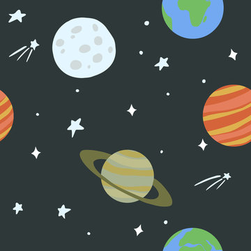Cute seamless pattern with space, planets and the Moon. Vector illustration for fabric, textile, nursery wallpaper, print.