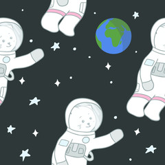 Cute seamless pattern with cat astronaut and Earth illustration. Vector illustration for fabric, textile, nursery wallpaper, print.