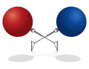 set of two hammer throw balls red and blue with wire and grip crossed, isolated on a white background