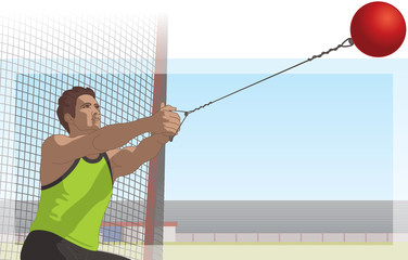 hammer throw, male athlete swinging ball with net and stadium in the background