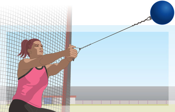 hammer throw, female athlete swinging ball with net and stadium in the background