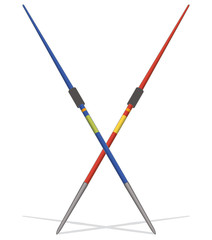 set of two javelin spears blue and red crossed, isolated on a white background