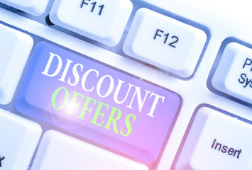 Conceptual hand writing showing Discount Offers. Concept meaning amount or percentage deducted from the normal selling price